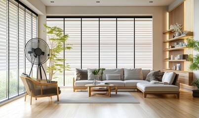 Fototapeta premium Modern Living Room Design with Natural Light, Green Plants, Stylish Furniture, and Classic Decor in a Comfortable Interior Space