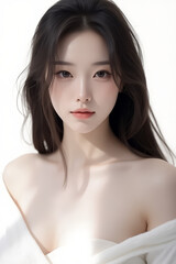 Naklejka premium Female Asian Model with Long Hair - Young Beautiful Woman with Wavy Hair - Studio Portrait of Asian Beauty for Fashion, Cosmetic, Skincare - Posing on White Background - Smooth Styled Hair