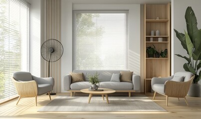 Modern living room interior design featuring comfortable gray furniture, soft natural light, green plants, and stylish decor elements in a serene atmosphere