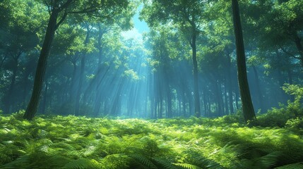 Fototapeta premium Sunlight streams through trees onto ferns, creating a tranquil scene in a lush, green forest