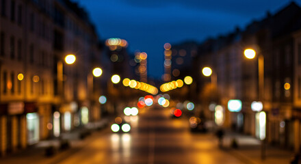 "A cityscape with a soft bokeh effect created by out-of-focus lights, giving a dreamy and atmospheric urban night scene."
