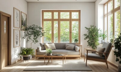 Modern Living Room Interior with Natural Light and Greenery, Featuring Elegant Furniture and Large Windows for a Cozy Atmosphere