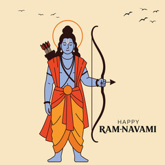 illustration of Lord Rama with bow arrow with English text meaning Happy Ram Navami celebration background for religious holiday of India. Eps10