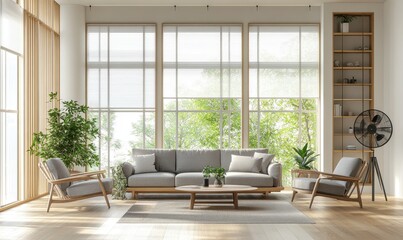 Modern Living Room Interior with Natural Light, Green Plants, Minimalist Furniture and Large Windows Bringing Serenity and Style to Home Decor