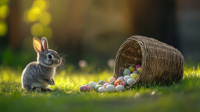 Neugieriger Hase betrachtet den Osterkorb. Sonnige Fr&uuml;hlingswiese als Kulisse.