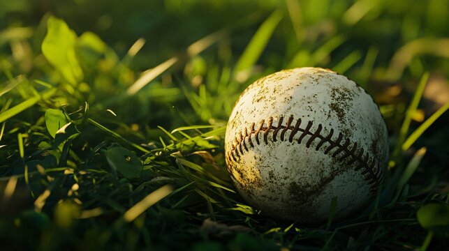 Vintage White Baseball on Green Grass Background for Sports Enthusiasts