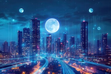 Fototapeta premium a futuristic metropolis with towering skyscrapers interconnected by glowing blue energy streams, floating vehicles navigating between buildings against a twilight sky with multiple moons