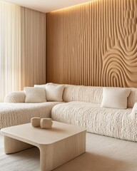 Cozy modern living room, oversized hand knitted chunky yarn sofa with thick wool loops, sculptural wooden accent wall with flowing sand dune patterns