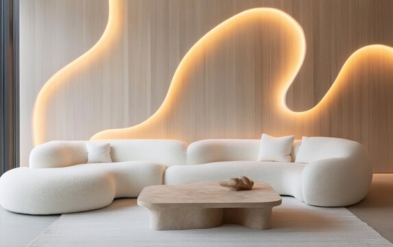 Elegant living room, oversized white fluffy wool sofa with soft organic form, illuminated wooden accent wall with curved sculptural patterns