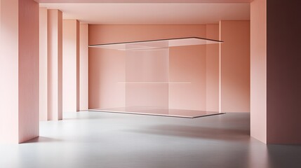 Fototapeta premium Minimalist Pink Room with Floating Glass Display Case