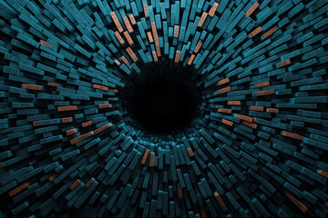 Abstract design featuring a tunnel of colorful blocks converging to a dark center.