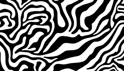 Abstract black and white pattern, fluid organic shapes, swirling lines, zebra-like stripes, psychedelic design