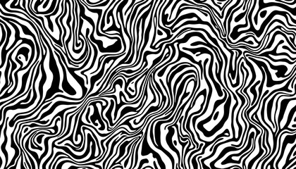 Abstract black and white pattern, fluid organic shapes, swirling lines, zebra-like stripes, psychedelic design