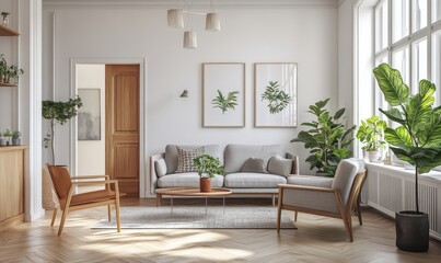 Fototapeta premium Modern Minimalist Living Room Interior with Green Plants, Cozy Sofa, Natural Light, and Artistic Wall Art in a Bright Space
