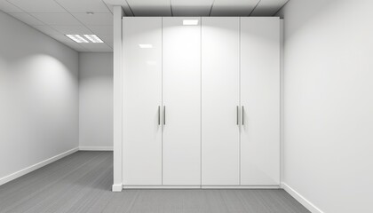 Stylish white storage cabinet in modern office space, minimalist design