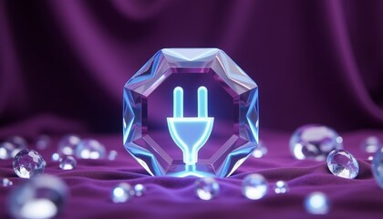 Crystal plug icon with faceted design on purple velvet backdrop, elegance