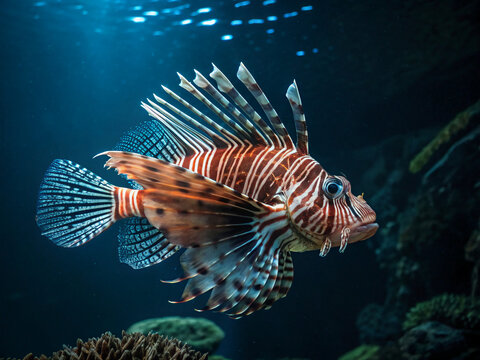 A lionfish floating in a dark aquarium, with dramatic backlighting highlighting its long, venomous spines