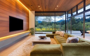 Fototapeta premium Nature cozy living room, oversized olive green fluffy faux fur sofa, sculptural wooden slat accent wall with integrated LED lighting, floating travertine