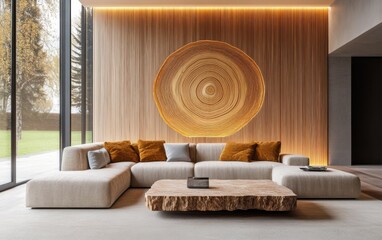 Nordic living room, massive golden toned plush faux fur sofa, sculptural carved wooden accent wall with tree ring patterns and recessed LED glow