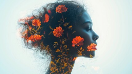 Double exposure portrait of a woman blended with flowers and leaves. Inner health, harmony, and connection with nature in soft pastel tones