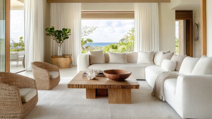 Serene natural living room, oversized boucle sofa draped in hand knitted wool throw, sculptural wooden coffee table, woven rattan accents, soft linen curtains