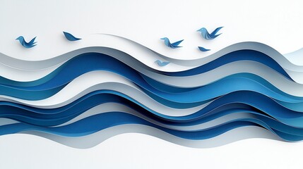 Abstract paper waves with origami birds