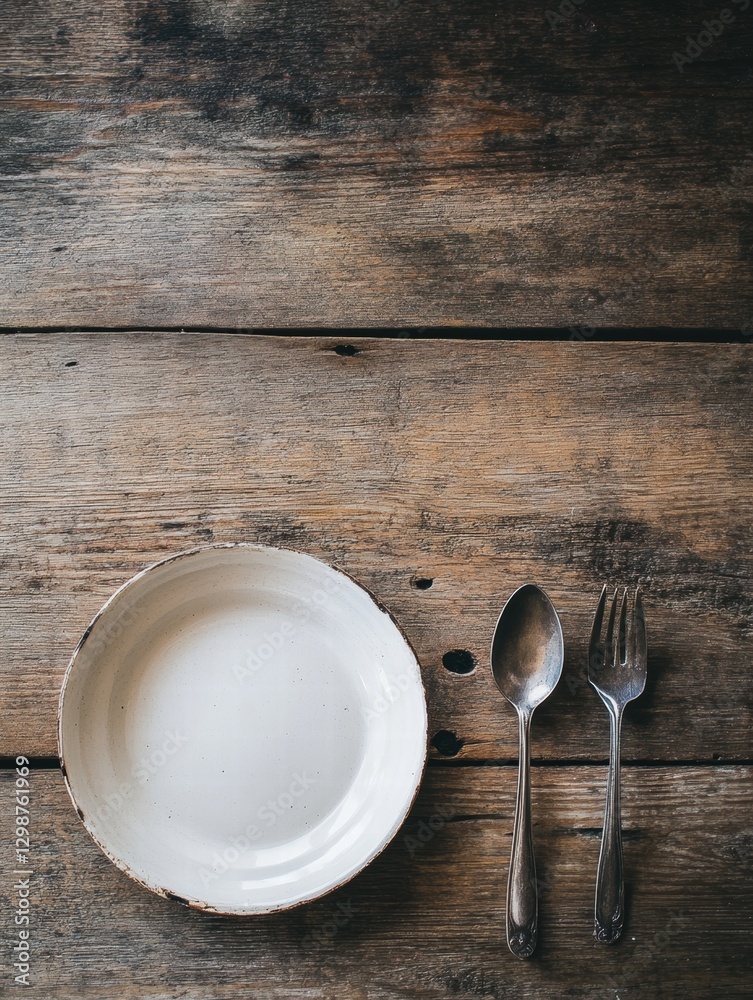 Leinwandbilder Empty plate and utensils on rustic wooden table create a minimalistic dining atmosphere for a simple meal. Generative AI