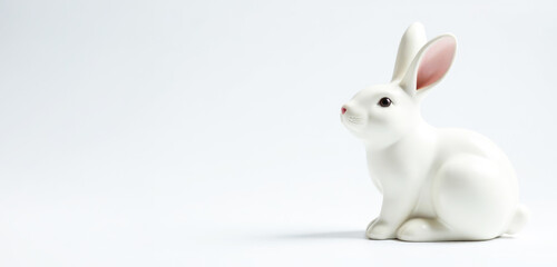 Obraz premium Close-up Ceramic white rabbit figurine on white background with space for text.