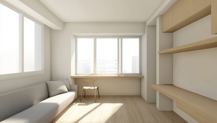 Fototapeta premium Modern minimalistic interior design of a bright and airy living room featuring a soft couch, wooden shelves, and ample natural light through large windows