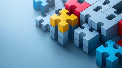 Abstract puzzle pieces, solution, success, teamwork, and problem-solving in modern office setting