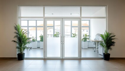 Modern office entrance with large glass doors, green plants, and bright natural light illuminating a contemporary workspace
