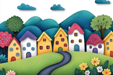 Fototapeta premium A clean vector-style image of a tiny village with a single winding road