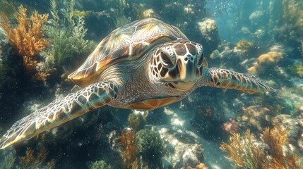 Obraz premium Turtle swims gracefully through coral reef, ocean floor, sunlit water and marine life backdrop