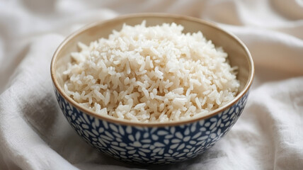 bowl of fluffy white rice sits elegantly on soft fabric background, showcasing its texture and simplicity