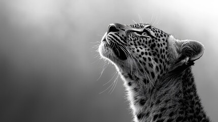 Fototapeta premium Leopard looking up in the wild, portrait in the savannah for wildlife/nature presentations