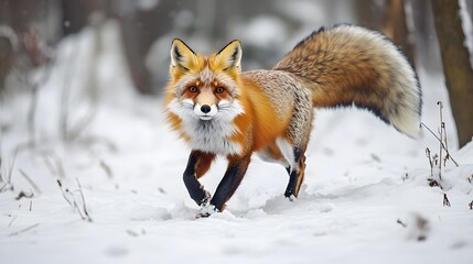 Fototapeta premium Luxurious Red Fox Trotting Through Winter Wonderland with Bushy Tail