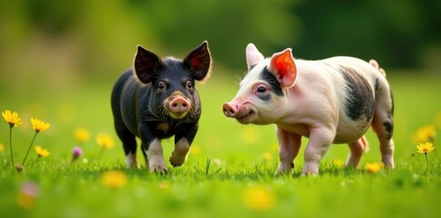 Two potbellied pigs frolic, lush green field, bright blooms , fun, hog, swine