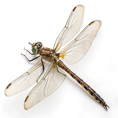 Exquisite 8K Macro Photography of a Dragonfly: Transparent Wings, Long Body, and Intricate Eye Details on White Background