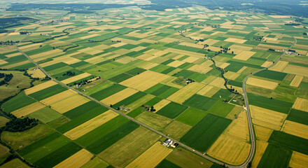"An aerial view of expansive farmland with patchwork fields and winding roads, highlighting natural beauty and order."

