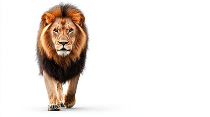 Fototapeta premium Lion walking head on, on a white background for an advertising campaign or educational purposes