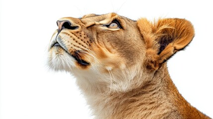 Lioness gazes upward in nature, isolated against a clean background, for wild animal content