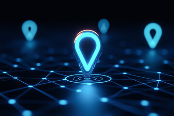 Digital map pins connected by glowing lines in a futuristic network design.