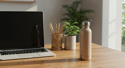 Fototapeta premium Minimalist Workspace with Laptop, Reusable Water Bottle, and Green Plants, Eco-Friendly Home Office Setup, Stainless Steel Bottle, Wooden Desk, Mockup, Cozy Home Office Setting
