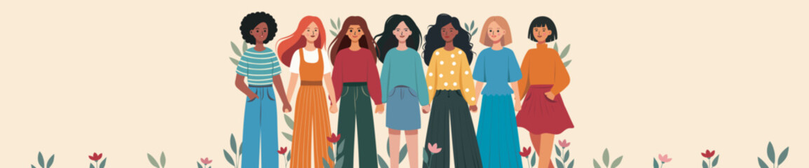 International Women's Day. March 8. Many beautiful free women of different skin colors and cultures stand together and hold hands. Vector banner. Feminism. Gender equality, women empowerment