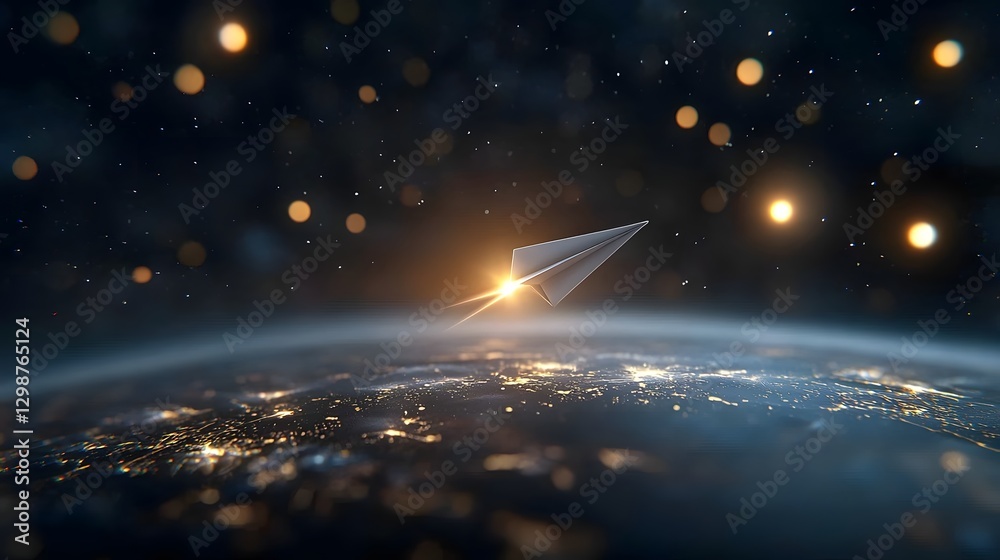 Aufkleber voyaging paper airplane gliding amidst illuminated planet in boundless cosmic landscape sci fi inspi