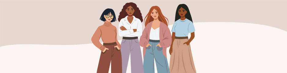 Women's Day. Equality Day. March 8. Women of different skin colors, cultures stand together for freedom, empowerment and women's rights. Vector illustration with space for text for women's projects