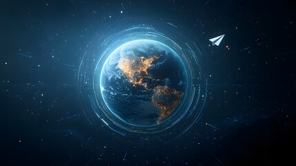 Obraz premium Futuristic space inspired digital painting depicting planet Earth shining in the infinite cosmos A white paper airplane soars around the planet representing global unity and limitless creativity