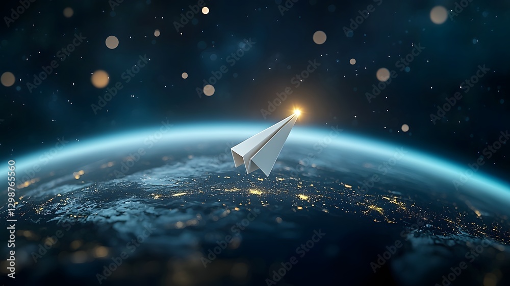 Leinwandbilder A mesmerizing celestial scene depicting planet Earth suspended in the vast expanse of space illuminated by a soft golden glow  A white paper airplane glides effortlessly around the planet