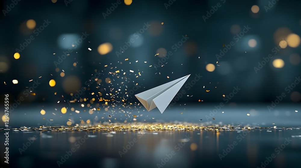 Aufkleber futuristic papercraft airplane soaring dynamically through a radiant cosmic dreamscape filled with s