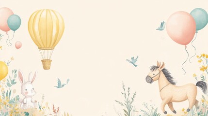 Naklejka premium Whimsical hot air balloon, bunny, horse, and birds in a meadow